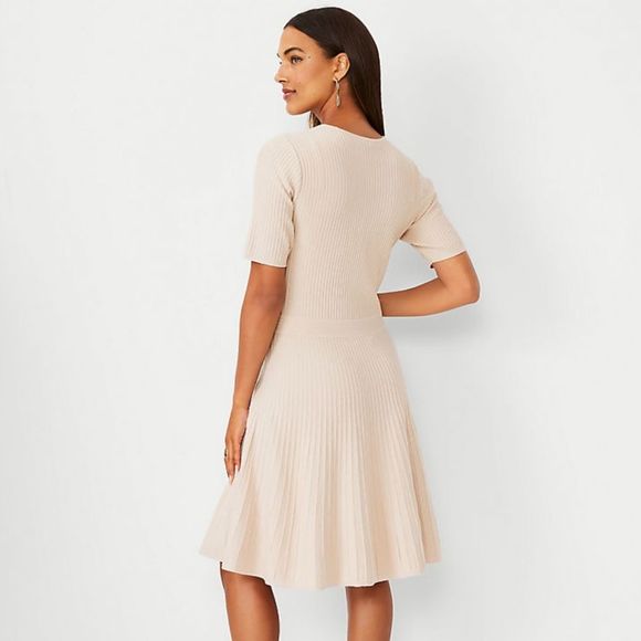 Ann Taylor XSP Petite Beige Neutral Ribbed Flare Midi Sweater Dress - Picture 3 of 4
